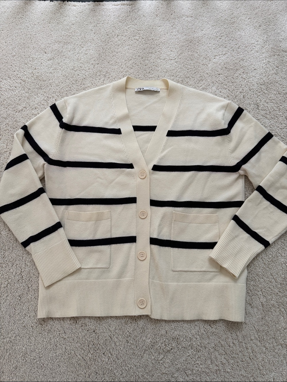 ZARA Cream Cardigan with Black Horizontal Stripes
